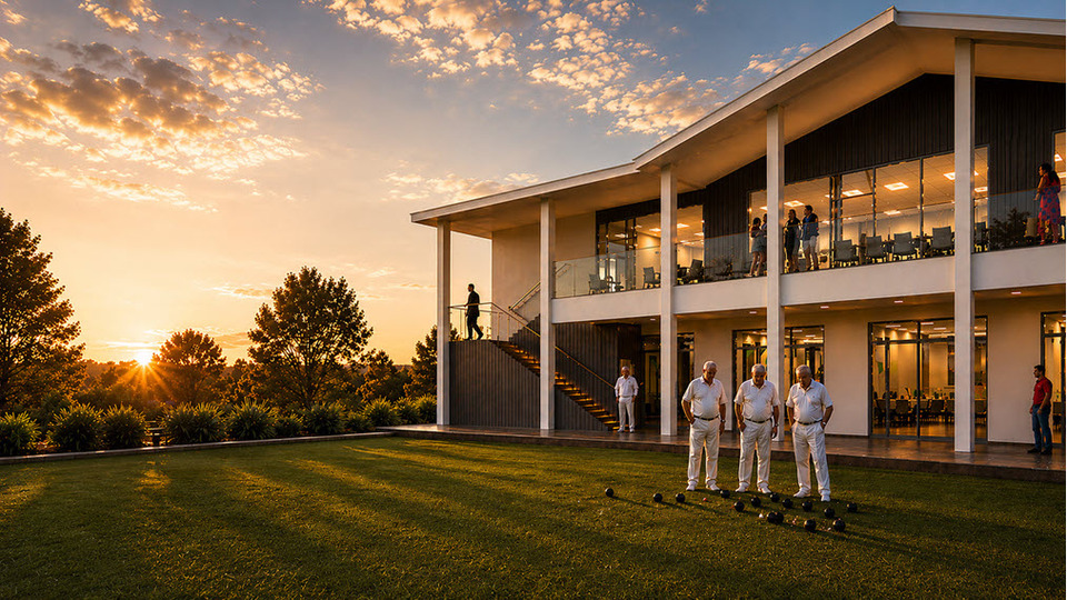 New clubhouse at sunset (AI assisted from architect plans)